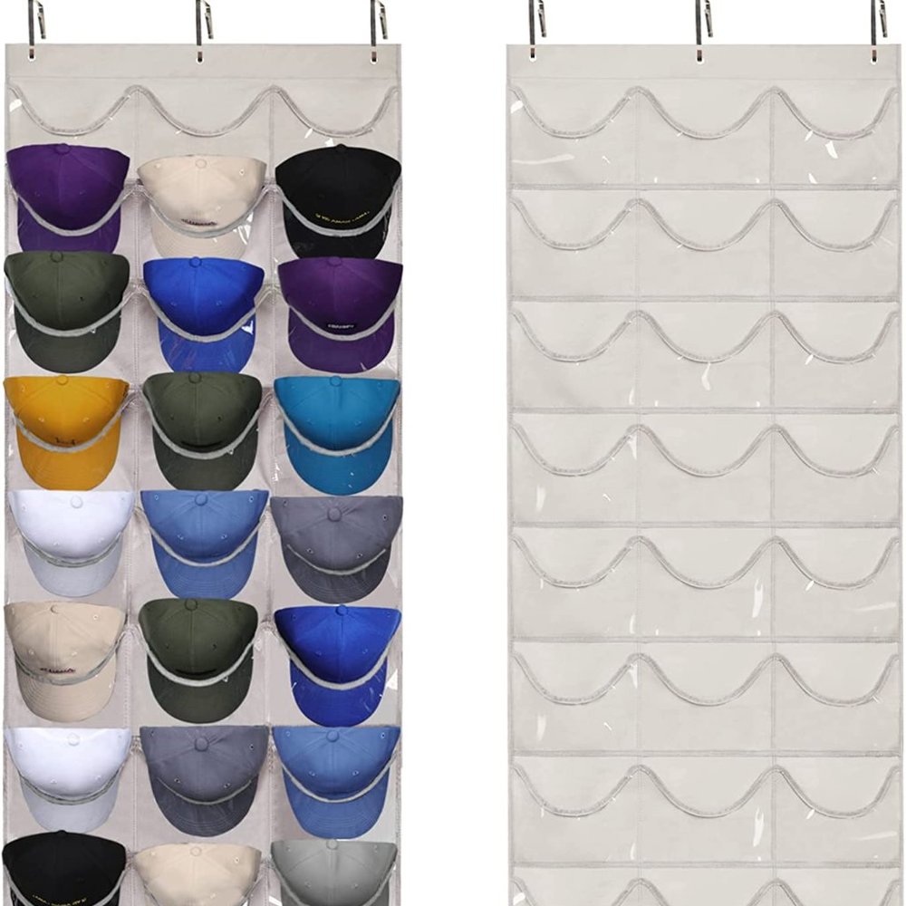 24 Deep Pockets, Hat Organizer, Hat Rack, Wall Door with 3 Hooks, White